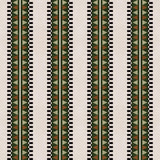 Complex geometric stripe in green, brown and sage and black on a cream field.