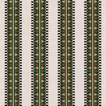 Complex geometric stripe in green, brown and sage and black on a cream field.