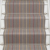 Striped flatweave runner in grey pink orange on white staircase