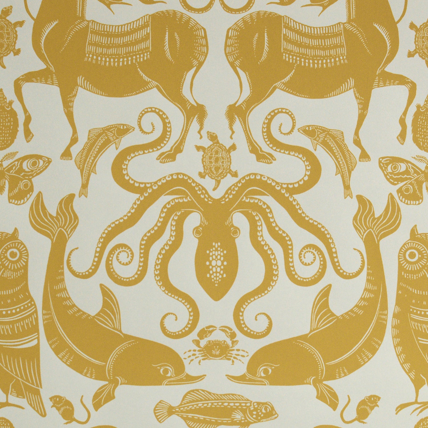Gold animal and nature-themed pattern on a beige background