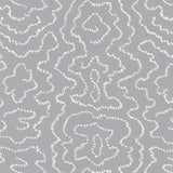 Detail of wallpaper in a minimalist wood grain print in white on a gray field.