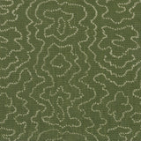 Detail of fabric in a minimalist wood grain print in greige on a green field.