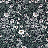 Detail of fabric in a dense floral print in white, tan and green on a black field.