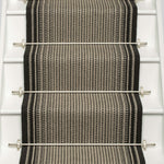 Striped flatweave runner in black and white on white staircase