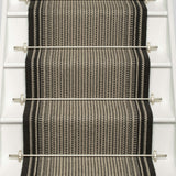 Striped flatweave runner in black and white on white staircase