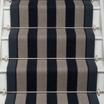 Striped flatweave runner in dark blue and grey on white staircase