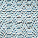 Detail of fabric in a dense chevron stripe print in shades of navy, blue and cream.