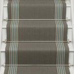 Striped flatweave runner in grey and blue on white staircase