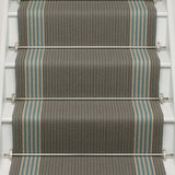 Striped flatweave runner in grey and blue on white staircase
