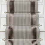 Striped flatweave runner in light grey and black on white staircase