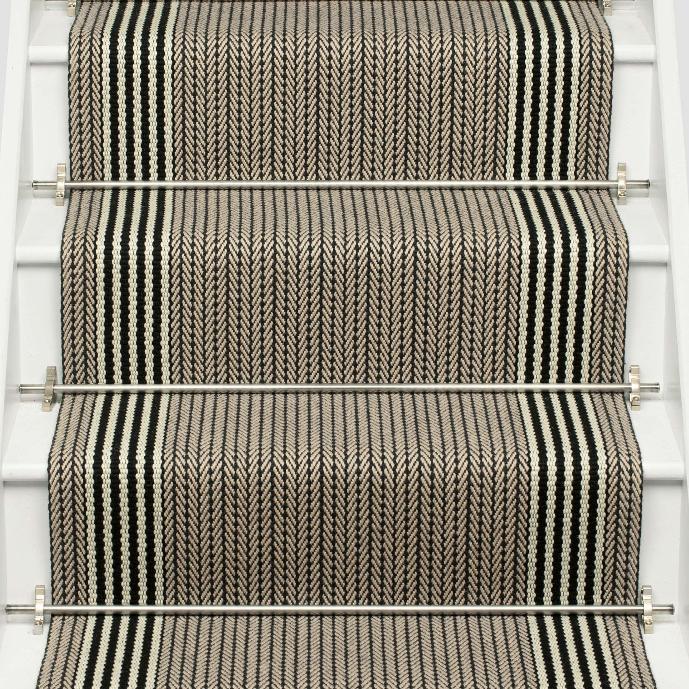 Striped flatweave runner in ivory and black on white staircase