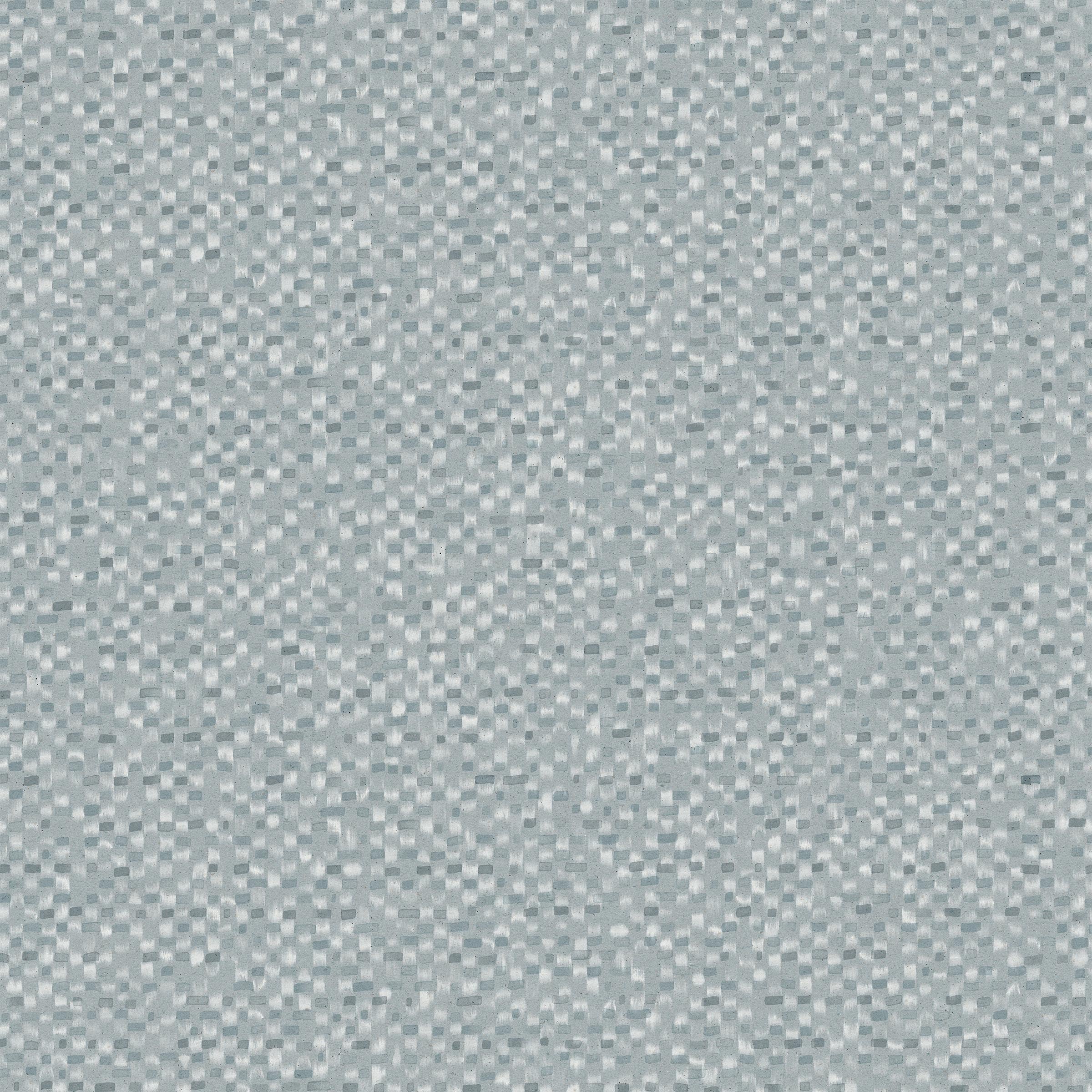Detail of wallpaper in a painterly checked pattern in shades of blue and white.