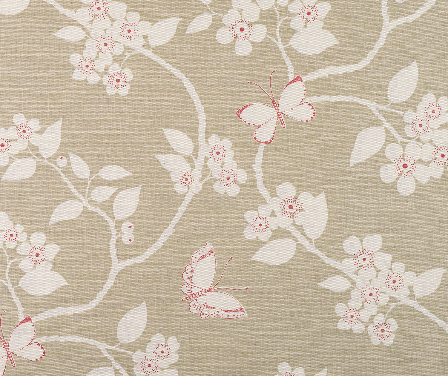 Detail of fabric in a flower and butterfly print in cream and pink on a tan field.