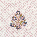Detail of fabric in a lattice print with floral accents in pink, blue and green on a white field.