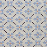 Detail of fabric in a repeating floral lattice print in blue, coral and black on a cream field.