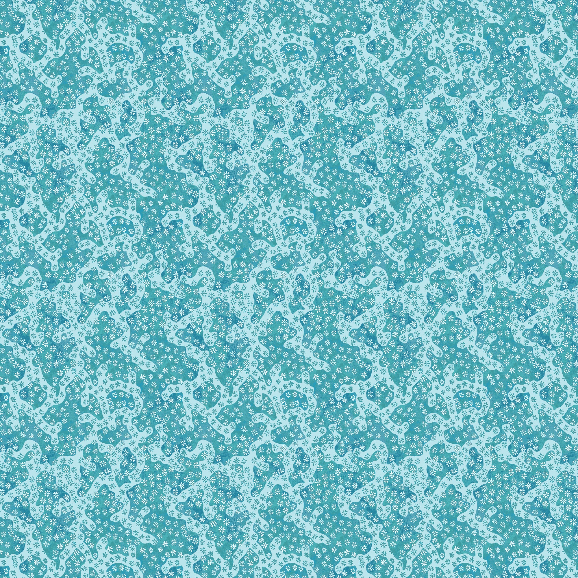 Coral pattern with tiny painted floral designs in tonal blue.