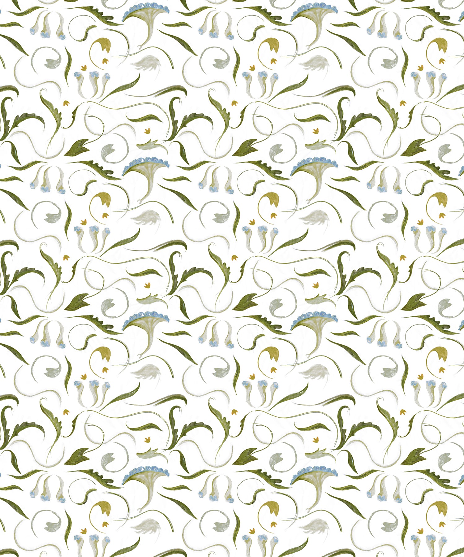 Floral pattern with green and white flowers on a white background