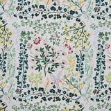 Detail of fabric in a dense floral print in shades of pink, yellow, green and black on a white field.