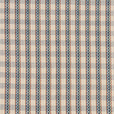 Handwoven fabric detail in a tight checkerboard pattern with blue, green yellow and red stripes against a cream field.