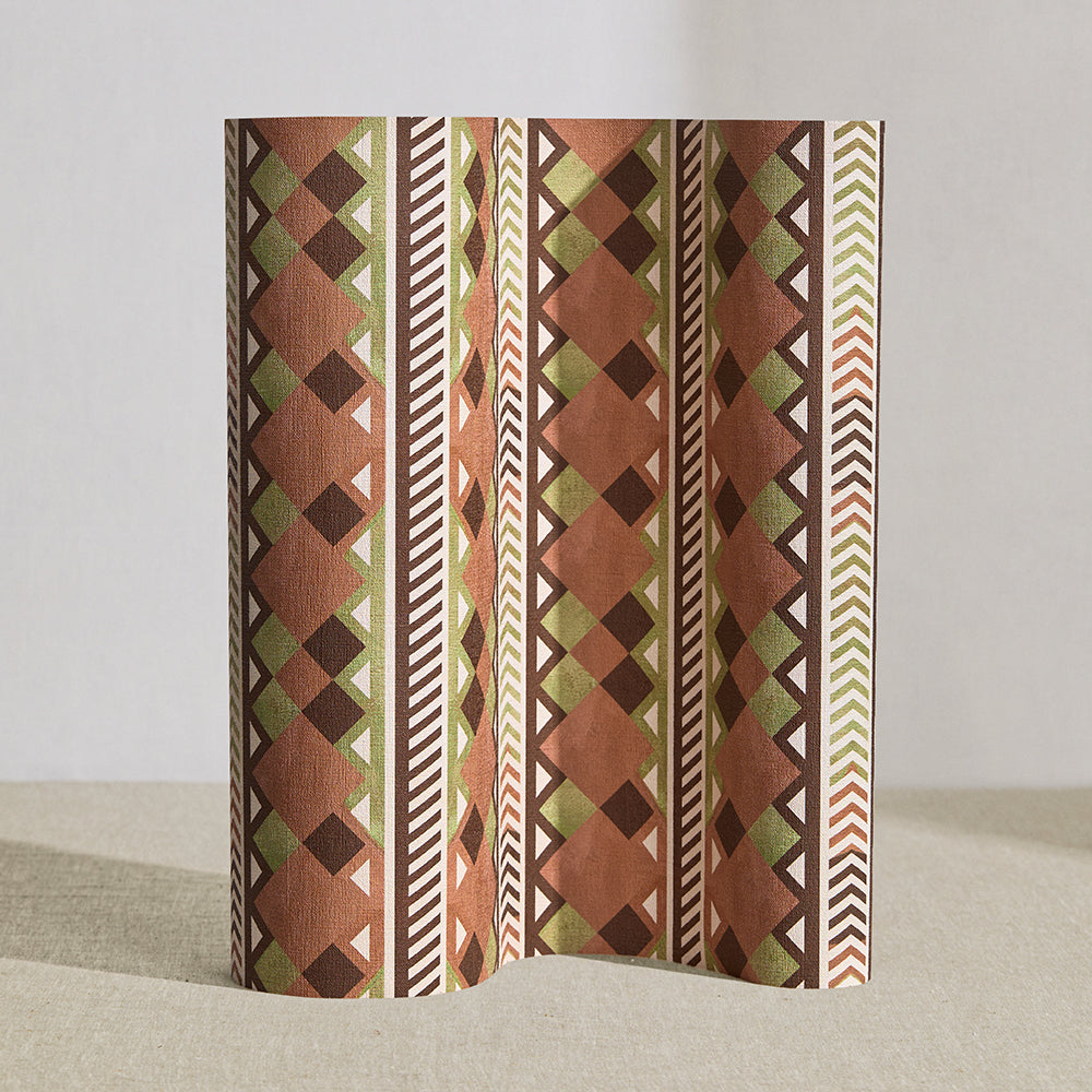 Wallpaper roll in a complex stripe with geometric shapes and chevrons in clay, sage, brown and cream.