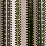 Wallpaper in a complex geometric stripe in green, brown and sage and black on a cream field.