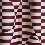 Wallpaper in a trompe l'oeil stripe pattern with geometric shapes in cream and burgundy. 