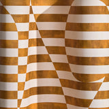 Wallpaper in a trompe l'oeil stripe pattern with geometric shapes in cream and ochre.