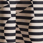 Wallpaper in a trompe l'oeil stripe pattern with geometric shapes in cream and black.