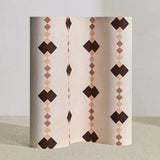 Wallpaper roll in a stripe in a stacked diamond design in pink with dark brown accents.