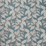A close-up of a woven fabric pattern featuring a dense botanical leaf design in muted blue, beige, and gray tones.