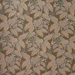 A close-up of a woven fabric pattern featuring a dense botanical leaf design in warm rust with grey outlines on a darker brown field. 