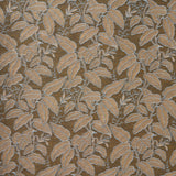 A close-up of a woven fabric pattern featuring a dense botanical leaf design in warm rust with grey outlines on a darker brown field. 