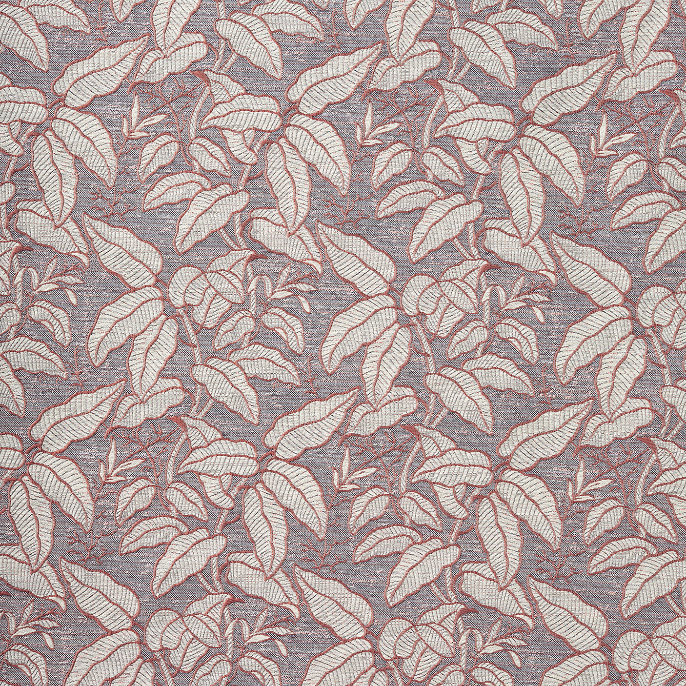 A close-up of a woven fabric pattern featuring a dense botanical leaf design in soft grey with warm pink outline on a grey-blue field. 