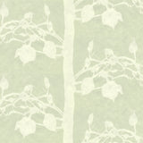 Detail of fabric in a linear tree and leaf print in cream on a light green field.