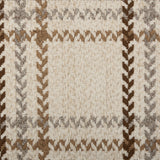 Broadloom carpet in a windowpane plaid in shades of brown on a beige field.