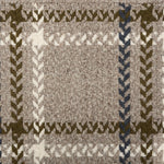 Broadloom carpet in a windowpane plaid in grey, olive and cream on a taupe field.
