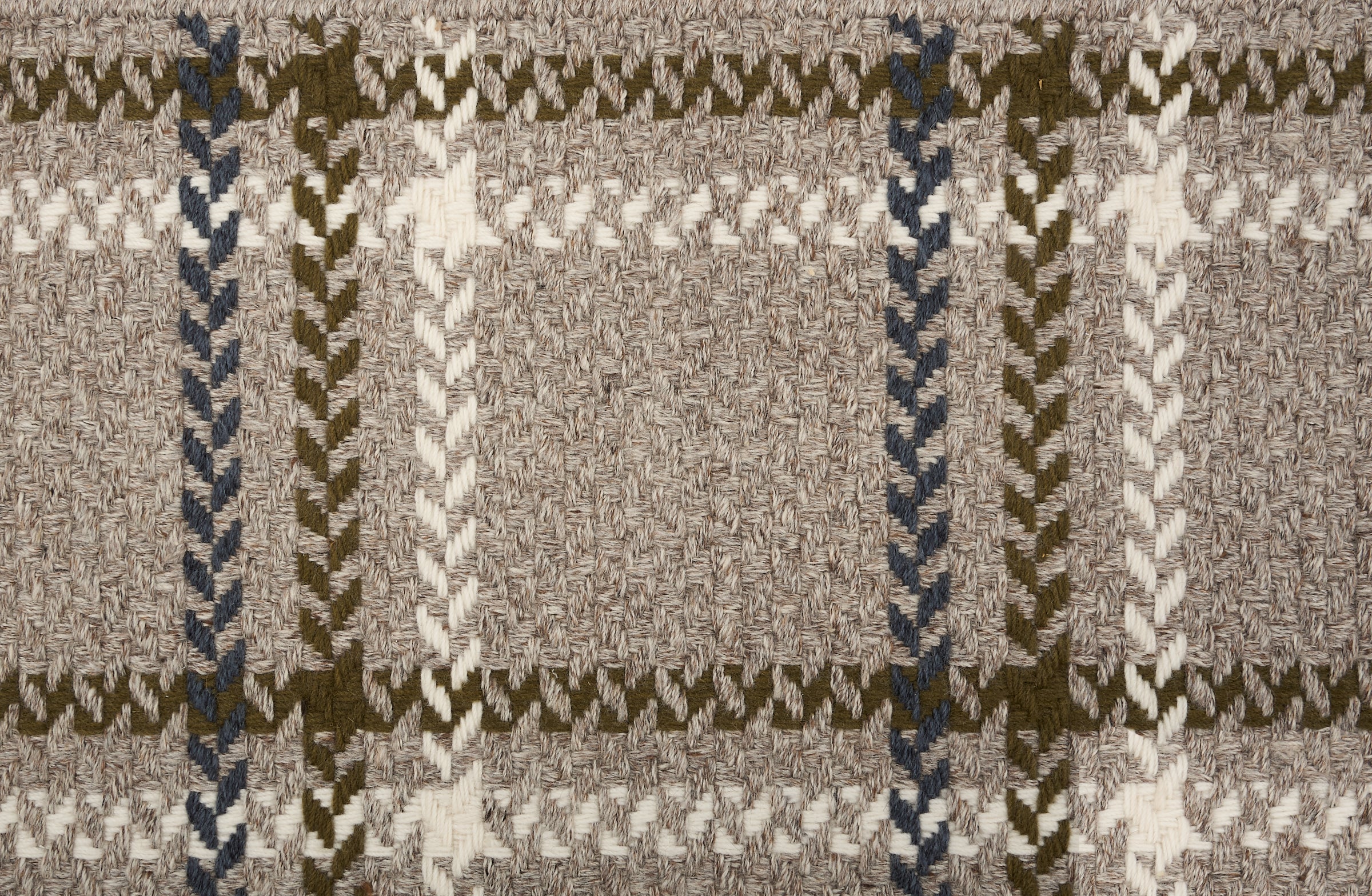 Broadloom carpet in a windowpane plaid in grey, olive and cream on a taupe field.
