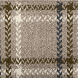 Broadloom carpet in a windowpane plaid in grey, olive and cream on a taupe field.