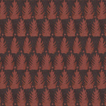 Detail of fabric in a linear leaf print in red on a black field.