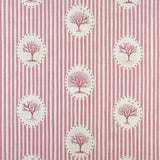 Detail of fabric in a repeating tree and stripe print in shades of pink on a cream field.