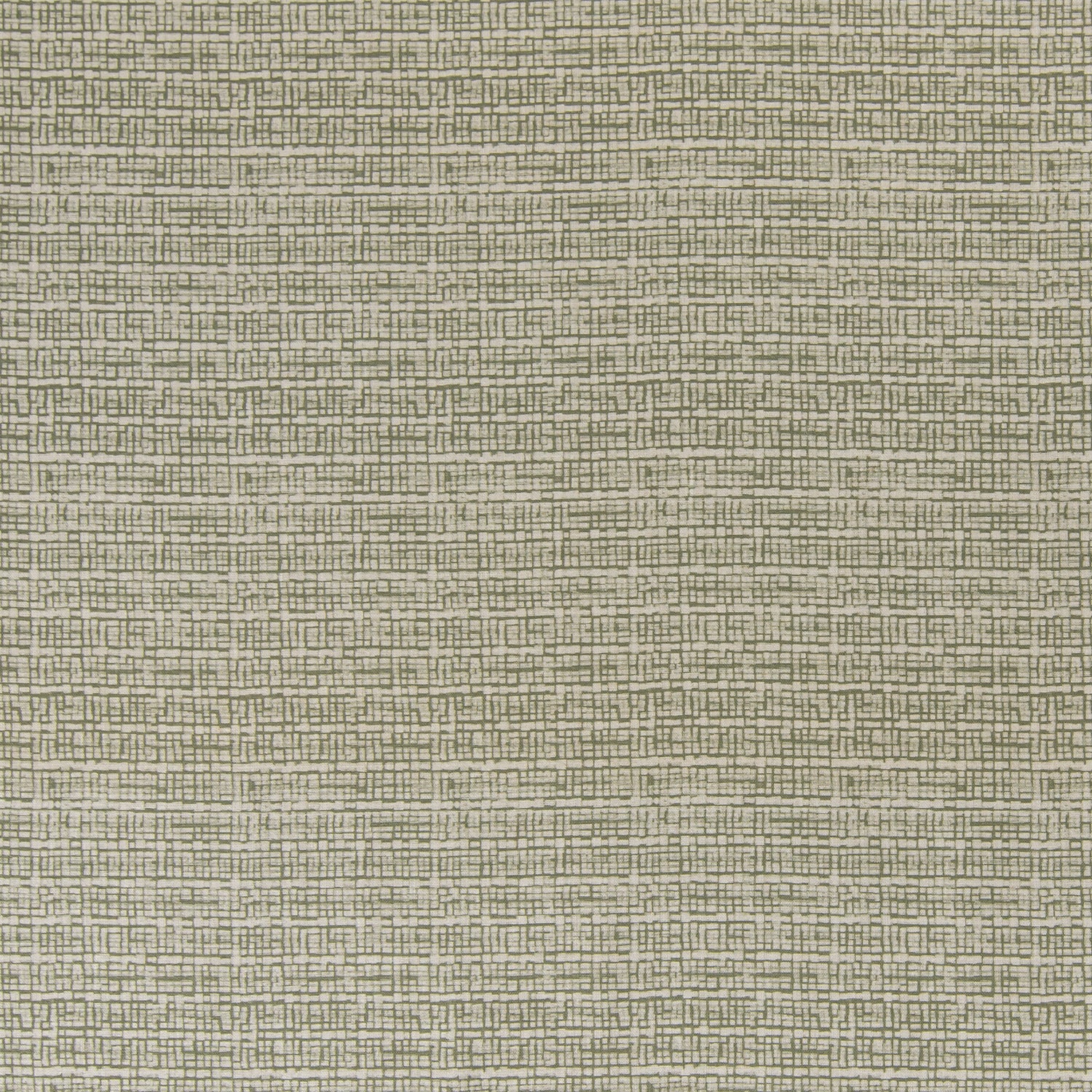 printed linen fabric in a repeating abstract gridded pattern in sage on a cream field.