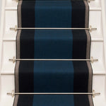 Striped flatweave runner in blue and grey on white staircase