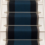 Striped flatweave runner in blue and grey on white staircase