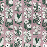 Detail of fabric in a minimalist floral grid print in white and green on a light purple field.