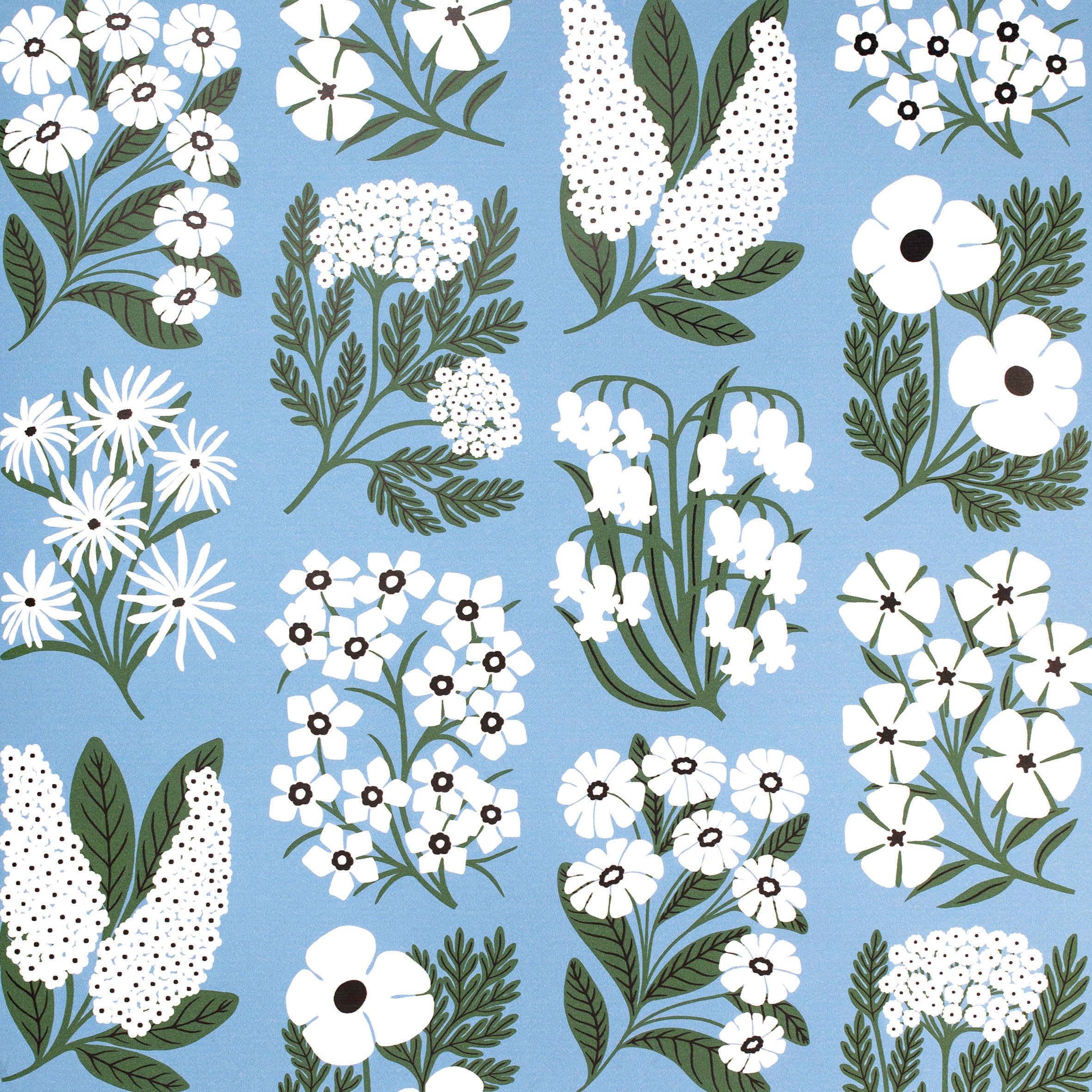 Detail of wallpaper in a minimalist floral grid print in white and green on a blue field.