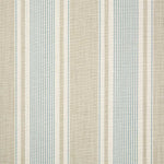 Detail of fabric in a classic stripe print in blue and light brown on a cream field.