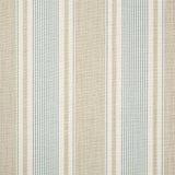 Detail of fabric in a classic stripe print in blue and light brown on a cream field.