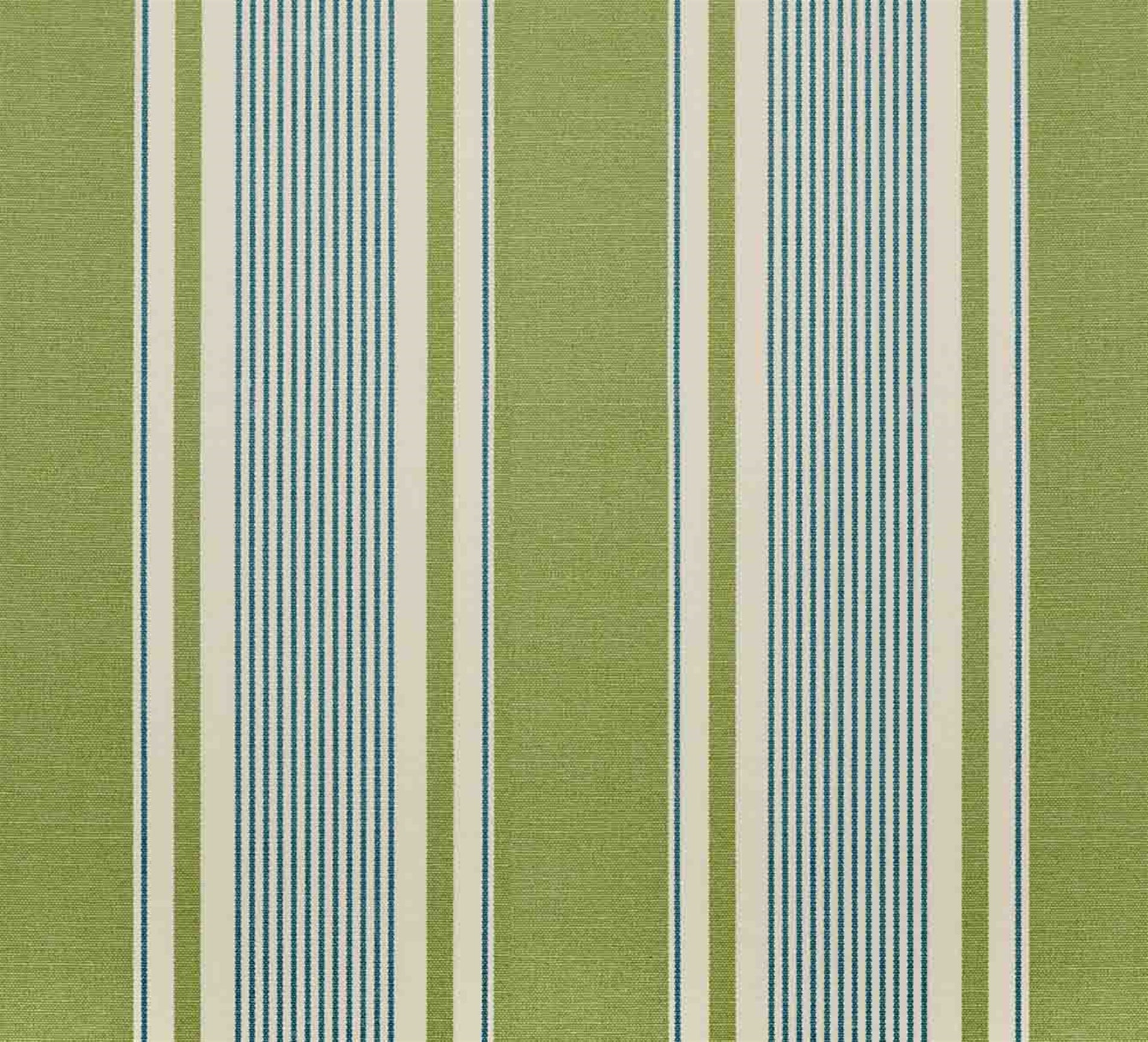 Detail of fabric in a classic stripe print in blue and green on a cream field.