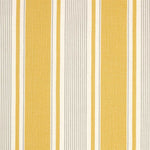 Detail of fabric in a classic stripe print in yellow and gray on a cream field.