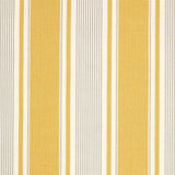 Detail of fabric in a classic stripe print in yellow and gray on a cream field.